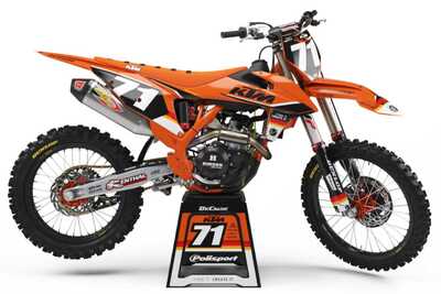 DeCal Works Think It. Create It. Series KTM dirt bike graphics in orange and black with Officially Licensed PulpMX Logos